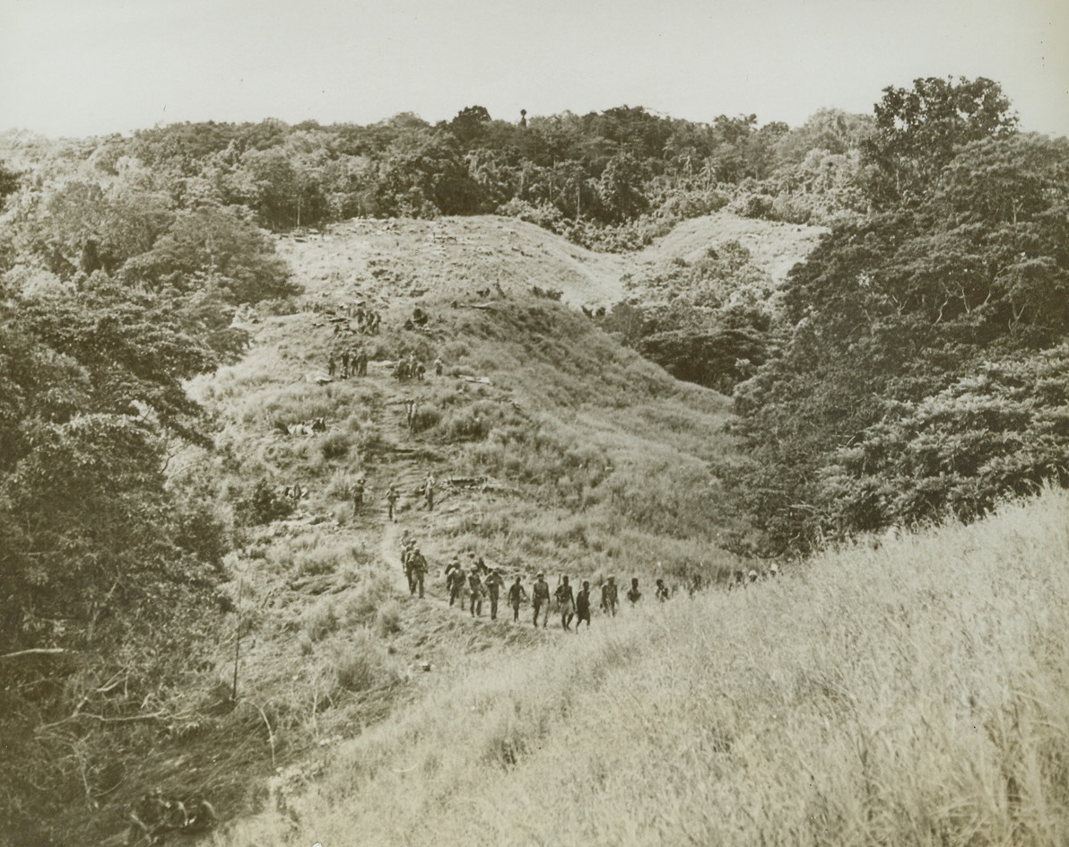 Supply Line, 1/26/1943. Guadalcanal, S.I. – Soldiers and natives walk, single file, across the difficult, uneven terrain that is typical of Guadalcanal, carrying supplies to men fighting the battle of Grassy Knoll. The jeep trail to the front, which was about 4 miles West of Henderson field, ended about 11/2 miles from the fighting lines, and supplies had to be carried on foot.  Six Jap positions were taken, and 110 Japs were killed in the battle.  Credit line (ACME);