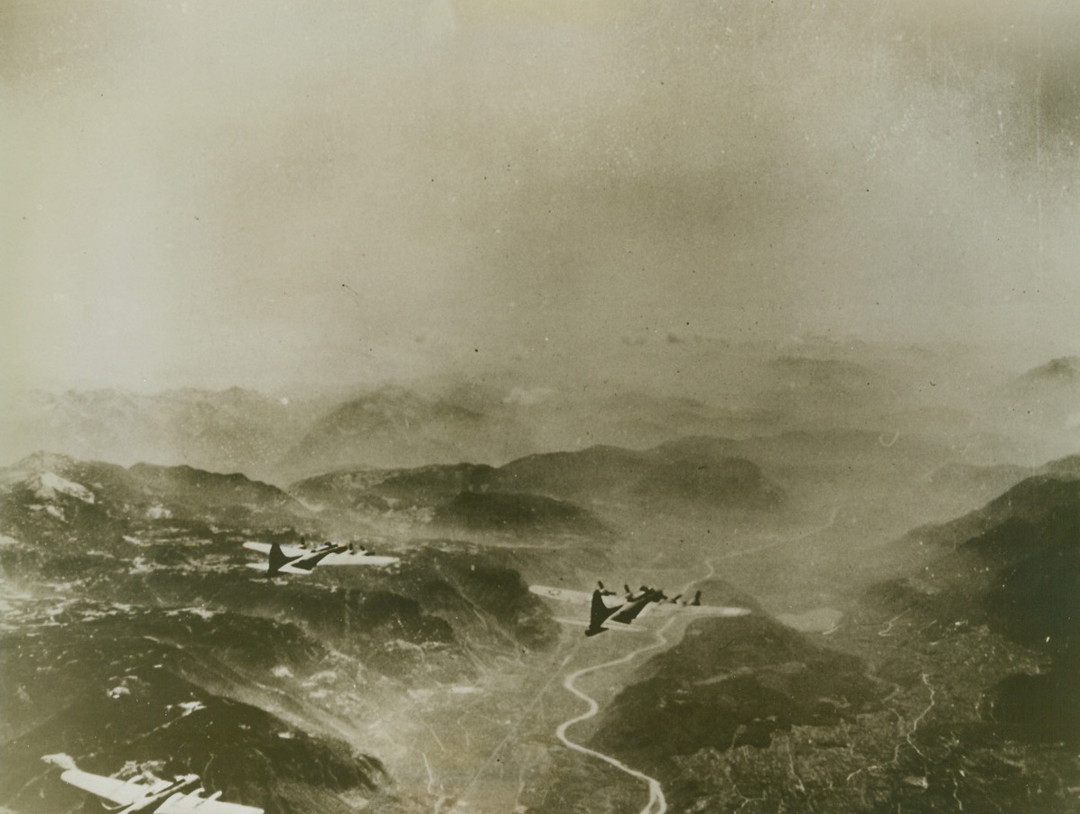 U.S. Bombers Over Brenner Pass, 9/22/1943. Three flying fortresses of the U.S. 8th Air Force based in England, pass over the Brenner Pass during the first shuttle bombing trip ever made by the U.S.A.A.F. from England to North Africa and return. In the photo, (Lower center), the white ribbon of the Sill River can be seen. On this trip, the American planes blasted the Messerschmitt Plane Factory at Regensburg, Germany. Since this trip, the Allies have bombed Brenner Pass, famous gateway between Germany and Italy where Hitler and Mussolini have held many meetings. Credit: U.S. Army Air Forces photo from ACME.;