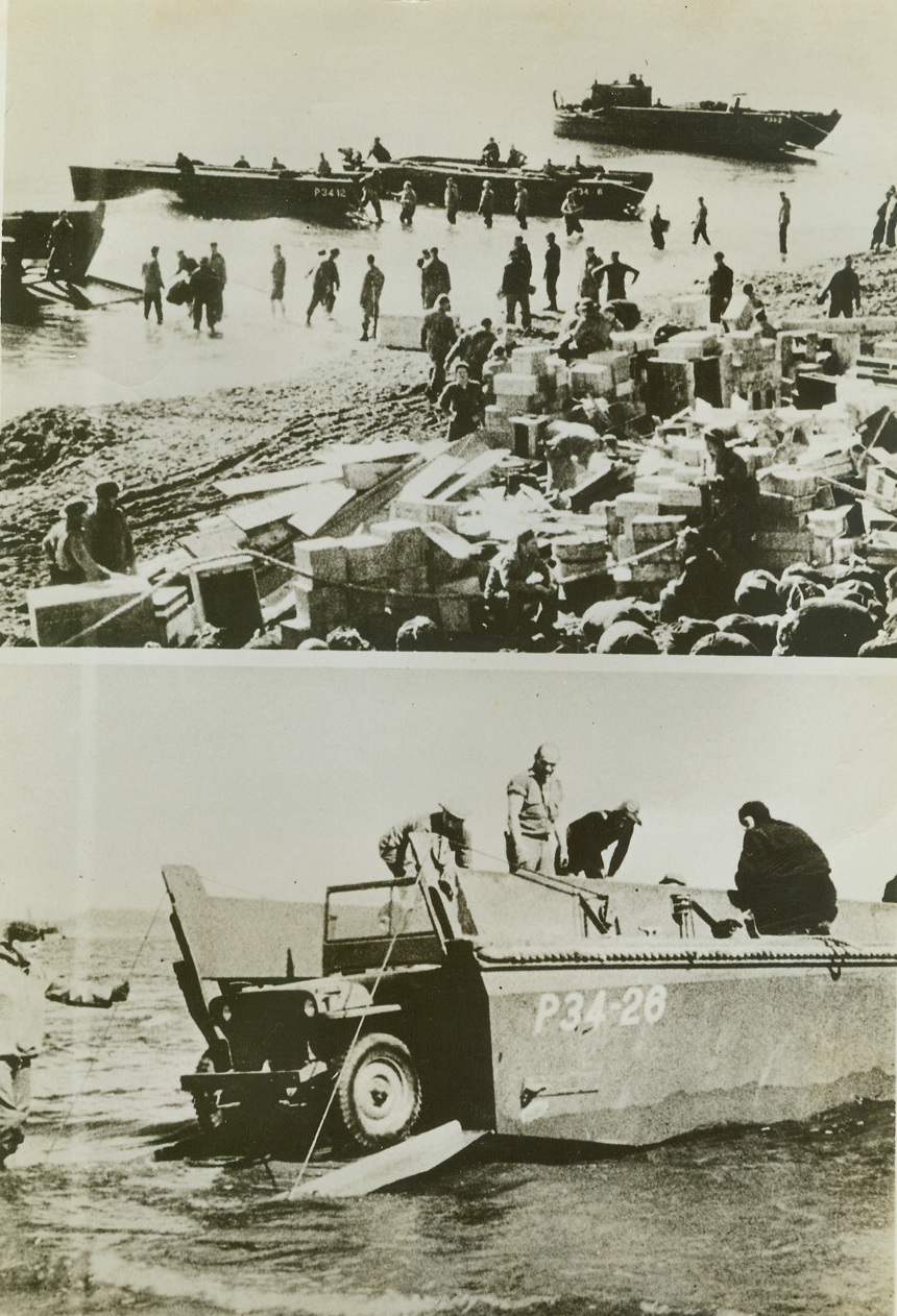 Supplies for Fighting Men and Machines, 10/6/1942. Bales and crates of assorted war materials for the U.S. troops who have occupied one of the Andreanof Group in the Aleutian islands are brought ashore (top) from the Navy-protected convoy.  Below, a jeep noses its way shoreward from a snub-nosed landing barge.  By occupying this island which is only about an hour’s flying time from Japanese-occupied Kiska, the American airmen are able to keep the Nipponese under constant aerial bombardment. No credit line shown.;
