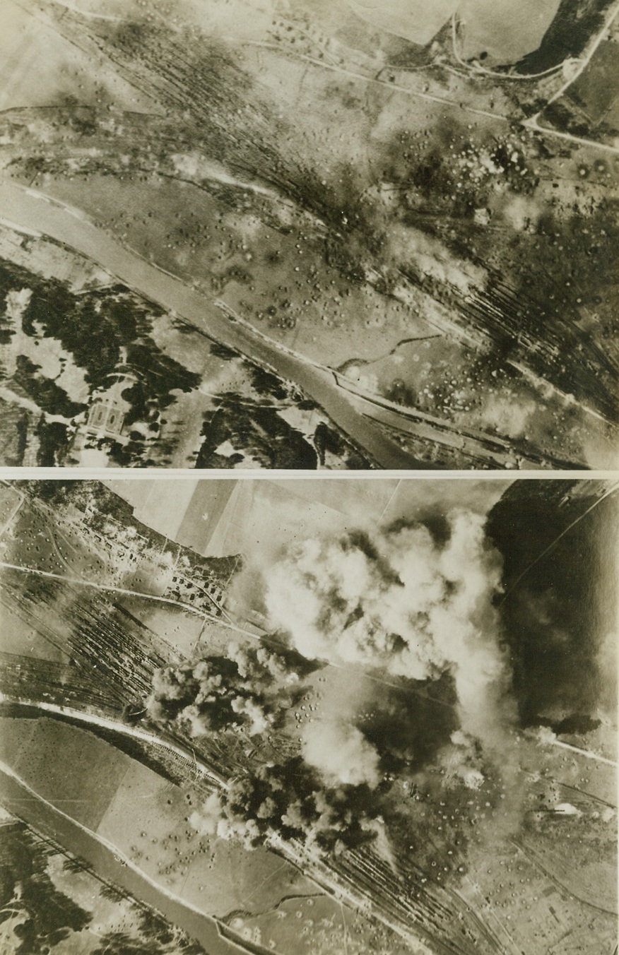 Our Bombers Raid Creil Yards, 4/5/1944. Creil, France – Sweeping over the Creil railway marshalling yards in the raid of March 23, Marauders of the Ninth U.S. Air Force sent more than 300 tons of bombs down to blast the important junction of the Nazi transportation system in France. Photo at left shows how the yards looked at noon, as the first wave of Marauders hammered the yards. At right the yards are shown one hour later, after the “eggs” had been planted in locomotive sheds, transit sidings and storage sidings. Bomb craters have cut all tracks in the yards. Credit: ACME;