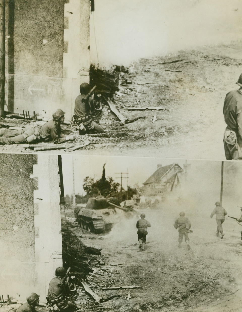 BAZOOKA KNOCKS OUT NAZI TANK, 7/30/1944. NORMANDY, FRANCE—This dramatic photo series shows the destruction of a Nazi tank that had blocked the advance of our forces through a Normandy village. At top, Bazooka gunners have just fired their projectile, which explodes and envelopes the tank in smoke and flames. In the bottom photo a detachment of infantrymen, under Sgt. James F. Kelly, Boston, Mass., push toward the battered tank to care for any possible survivors from the tank’s crew. Credit (ACME);