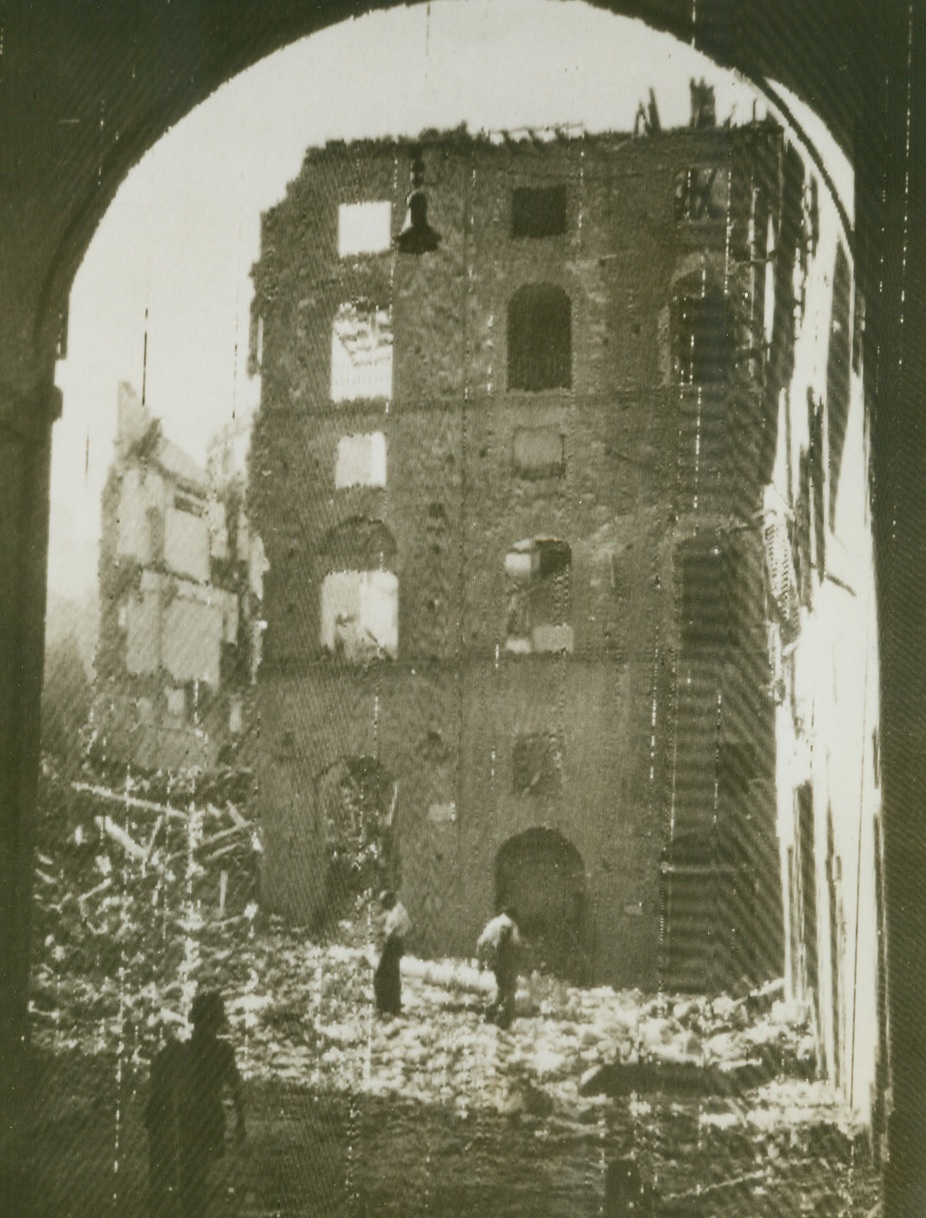 Wrecked Houses in Florence, 8/9/1944. Natives comb through the ruins of buildings in the once-beautiful art center of Florence, after Nazis had abandoned this section of the Italian city. Some of Florence still is in Nazi hands.Credit Line (OWI Radiophoto from Acme);