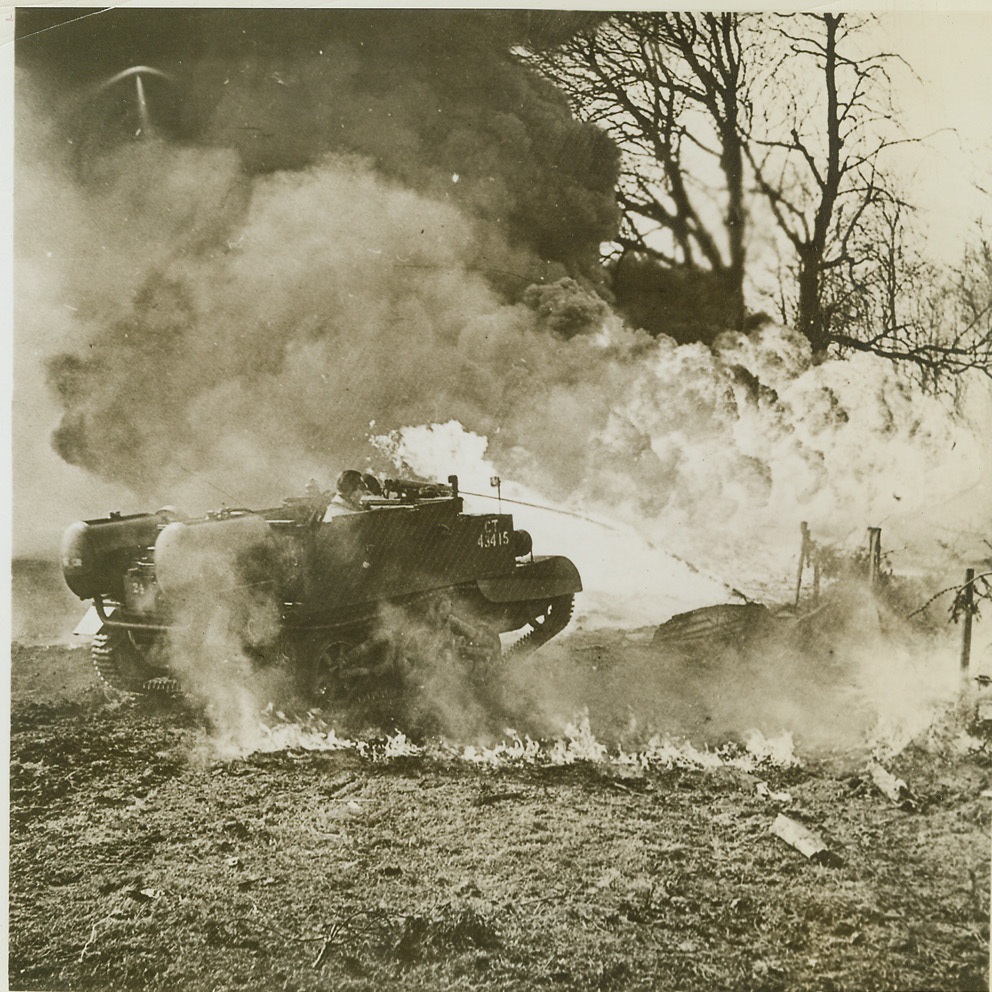 "Wasp" Packs a Flaming Sting, 8/30/1944. Among the powerful flame-throwers now being used by British Armies in France is the ferocious "Wasp". Sending a fearsome stream of fire into German strongpoints, the flame-thrower is fitting to a carrier with a bullet-proof body. In the "Wasp", as in all other weapons of this kind, a special type of fuel is used. Credit (British Official Photo from ACME);
