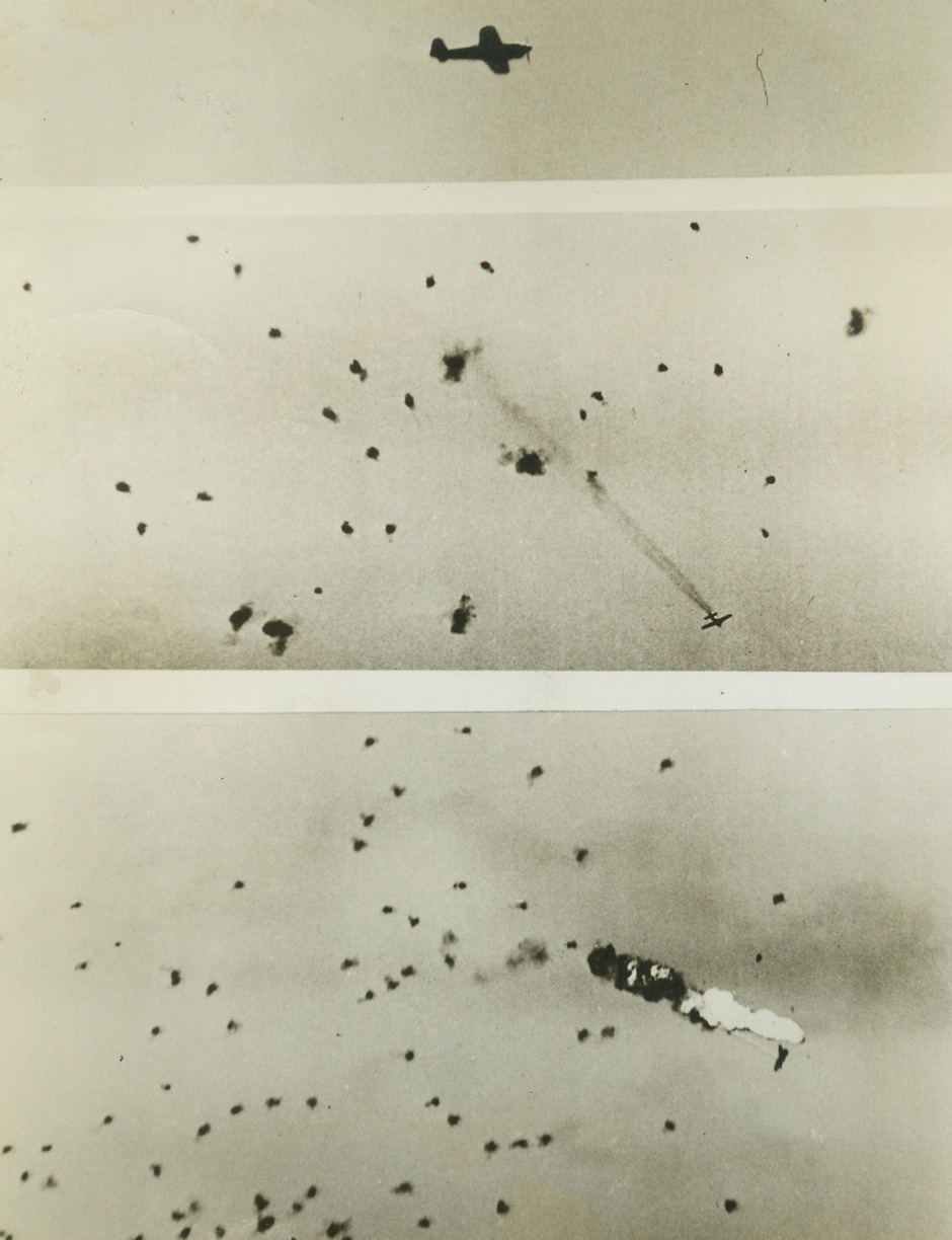 Yank Gunners Down Jap Plane, 8/17/1944. A U.S. Navy photographer, using a camera with a 40-inch lens, filmed the destruction of a Jap plane over Guam, last June 19. At the top, the Nip roars along over an American aircraft carrier. In the center photo, sharp-eyed Yank gunners on the carrier register a hit on the enemy, and (below) the Jap plane explodes in flame. The plane was 7.000 feet above the carrier. Credit: U.S. Navy photo from ACME;