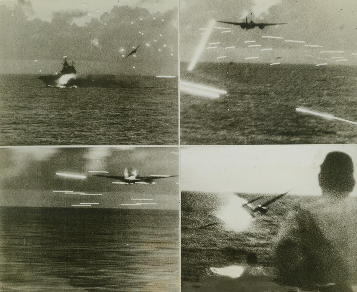 Jap Bomber Comes Down, 8/23/1944. At Sea--- Speeding Westward from Saipan in its hunt for the Jap fleet, task force 58 met and mutilated 18 enemy dive and torpedo bombers in one of the greatest air and sea battles of the Pacific.  The death of one of the attacking warbirds is shown in this series, as it ran the gauntlet of murderous flak and finally plunged into the ocean. Credit line (ACME);