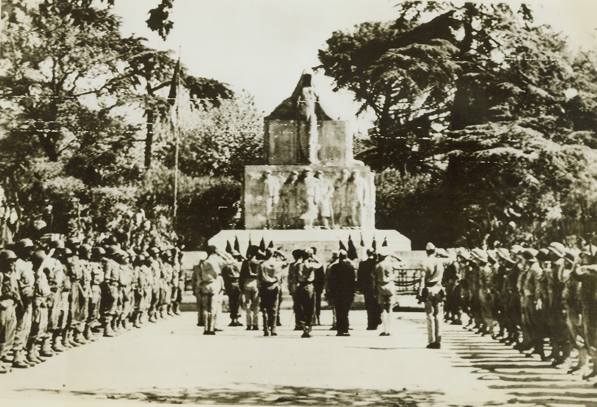 CELEBRATE LIBERATION OF TOULON, 8/31/1944. FRANCE – Highlight of the French military parade commemorating the liberation of Toulon came when General De Latre De Tassigny and his staff paid tribute to the soldiers of World War I at Toulon’s memorial monument in Marechal Foch Square. Credit: Army radio telephoto from Acme;