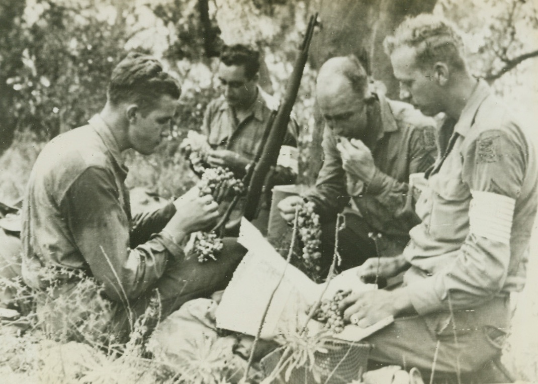 Grapes In Southern France Not Sour, 8/18/1944. France – Four American soldiers relax after storming the beaches of Southern France and dig into some of the famed French grapes found along the Riviera. Eating with relish are (left to right): Pvt. Donal Cheperka, Elgin, Ill.; Sgt. Antonio Oppio, Reno, Nev.; Cpl. William T. Pribble, Nocona, Tex.; and Cpl. John Uecker, Marshall, Minn. Cpl. Uecker studies a map while enjoying the fruit. Credit: Army Radiotelephoto from ACME;