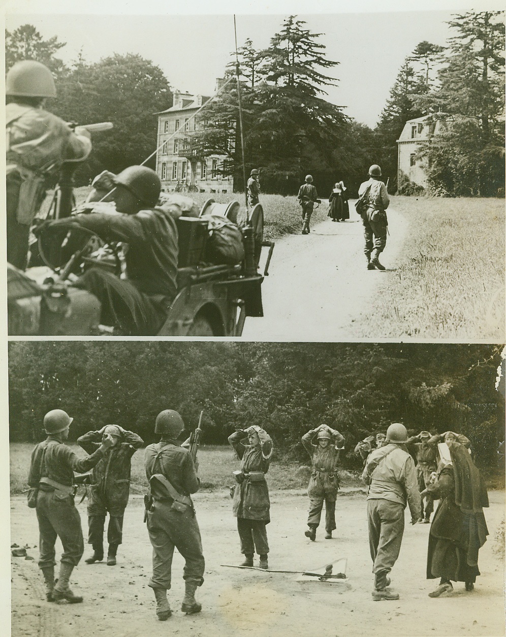 Surrender In Avranches, 8/10/1944. France—During the drive for Avranches an American patrol heads cautiously toward a convent where Nazi soldiers are believed to have fortified themselves. In the top photo two nuns come out to meet the patrol bearing the German offer of surrender. Capt. Albert J. Owen, nearest the nuns, accepted the surrender. In the bottom photo, German soldiers, hands on their heads, come out of their convent hiding place. Looking on is one of the nuns who negotiated the surrender. Credit: ACME;