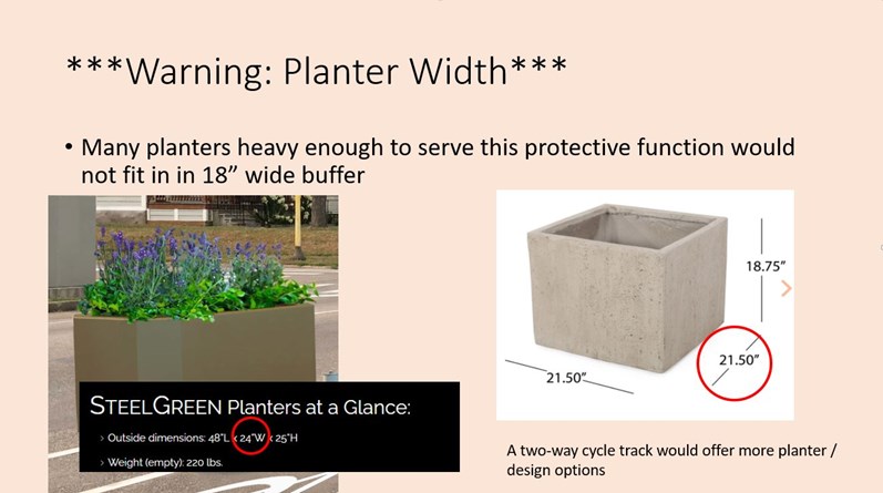 Image showing that planters may be too wide to fit into the proposed one-way bike lane buffer.