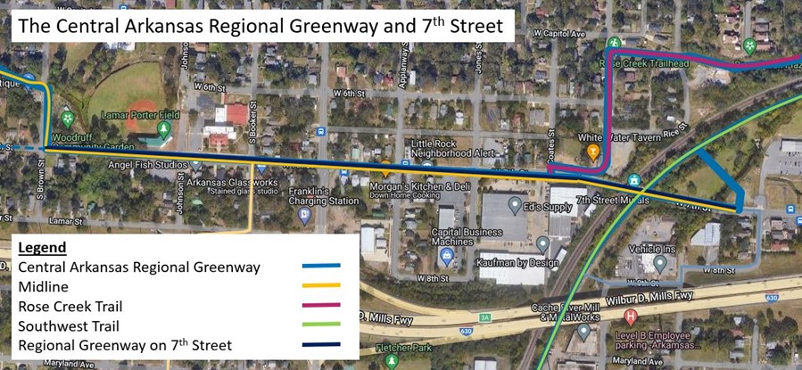 Map showing how 7th Street factors into the Central Arkansas Regional Greenway