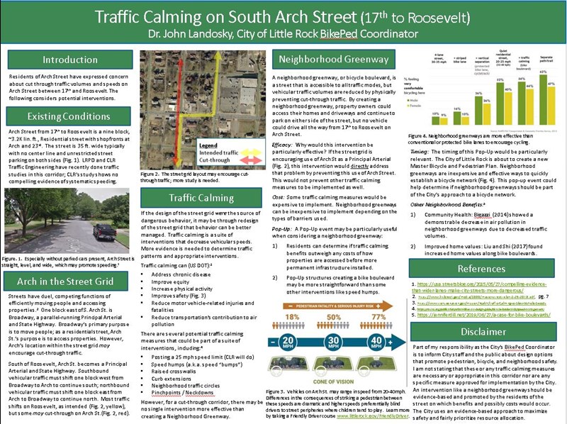 Poster considering bike boulevards as a traffic calming solution on Arch Street.
