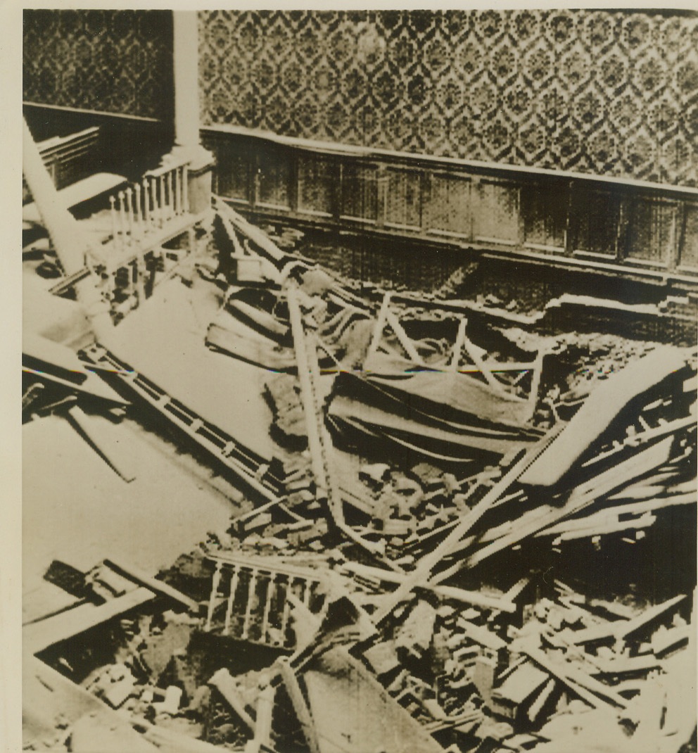 Bomb Damage at Buckingham Palace, 9/14/1940  LONDON, ENGLAND -- The wrecked interior of the royal chapel at Buckingham Palace, after five Nazi aerial bombs had landed on or near the royal residence during yesterday's daylight raids on the British capital. The King and Queen, in the palace shelter at the time, escaped injury. It was the second bombing of the Palace in a week. Credit: (ACME Cablephoto);