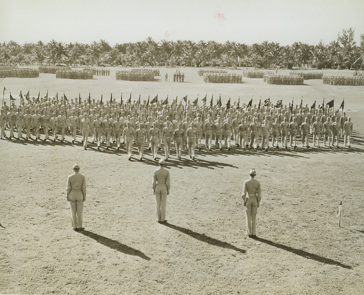 Drill on Swank Golf Course, 2/5/1943. Miami Beach, Fla.—Once a swank golf course, this wide stretch of green serves as a drill field for soldiers stationed with the Army Air Forces at Miami Beach. Photo was made during a parade in which men training at the Miami Beach Officer Training Candidate School participated. Awards were made to the best-drilled squadron during this part of the parade.Passed by censors. Credit: ACME.;