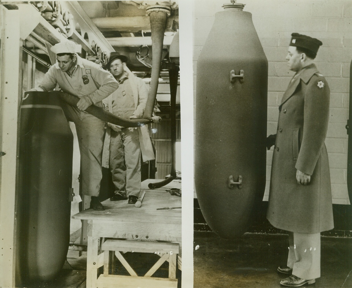 THESE’LL BUST YUH, ADOLF, 2/12/1943. RAVENNA, OHIO—Two workers at the Ravenna Oranance Plant of Uncle Sam here are shown at left as they fill a two-ton “block buster” bomb with bad medicine for the Axis. At right, a soldier is shown alongside one of these huge bombs for size comparison. The huge 30,000-acre arsenal here is turning out these and other munitions for the government in large quantities, and is one of the largest in the country. Credit: OWI Radiophoto from ACME;