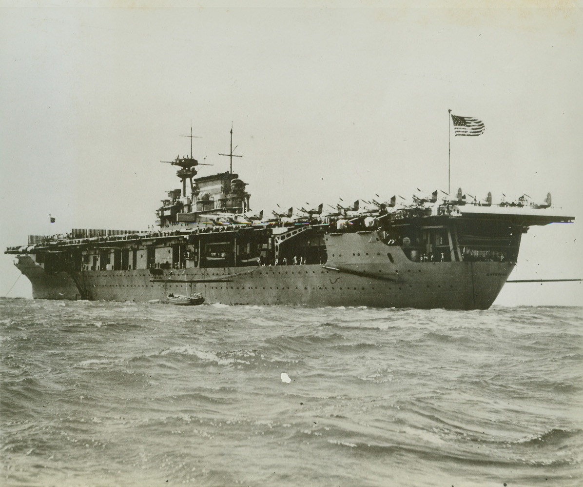 "Workhorse of War", 5/31/1943. The unprecedented combat record of the aircraft carrier U.S.S. Enterprise recently earned her a unit citation conferred by President Roosevelt. The Navy revealed tonight that the five-year-old ship has inflicted damage on the enemy estimated at eight to ten times her own cost. Planes, submarines, all types of enemy surface vessels, and shore installations have been destroyed or badly damaged in record number by the aircraft carried on the 19,900-ton carrier. Credit (Official U.S. Navy Photo-ACME);