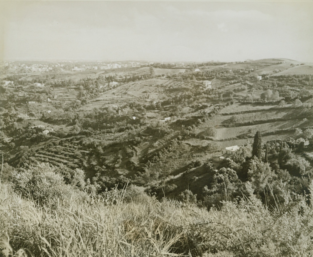 Algerian Farmland, 6/2/1943. Algeria – These Algerian farms, scattered slipshoddily over the countryside, are typical of the lands on which the Arabs grow their foodstuffs.  The hilly terrain on the outskirts of Algiers affords practically no space for flat farmland.  In the distance at upper left the white buildings of Algiers can be seen.Credit line – WP – (ACME);