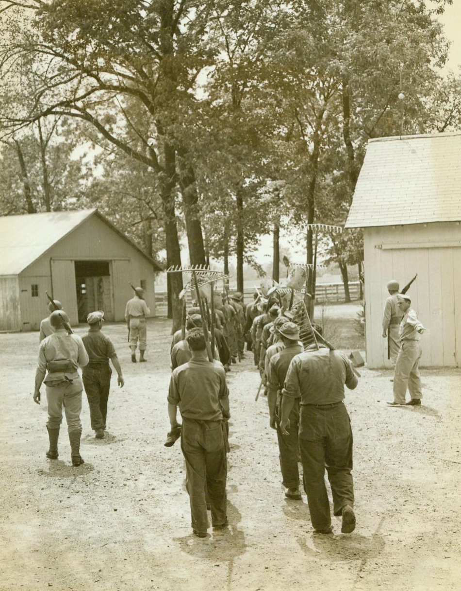 They Labor For America, 6/12/1943. Camp Atterbury, IND. -- Rakes and hoes slung over their shoulders, these Italian prisoners of war march in double file to Camp Atterbury's victory garden -- To help their enemy nation solve her wartime food problems. The men who are some of the 14,516 captured Italians who have been brought to the U.S. for the duration. Since many of them are former farmers, they earn their keep by digging and planting for victory (ACME);