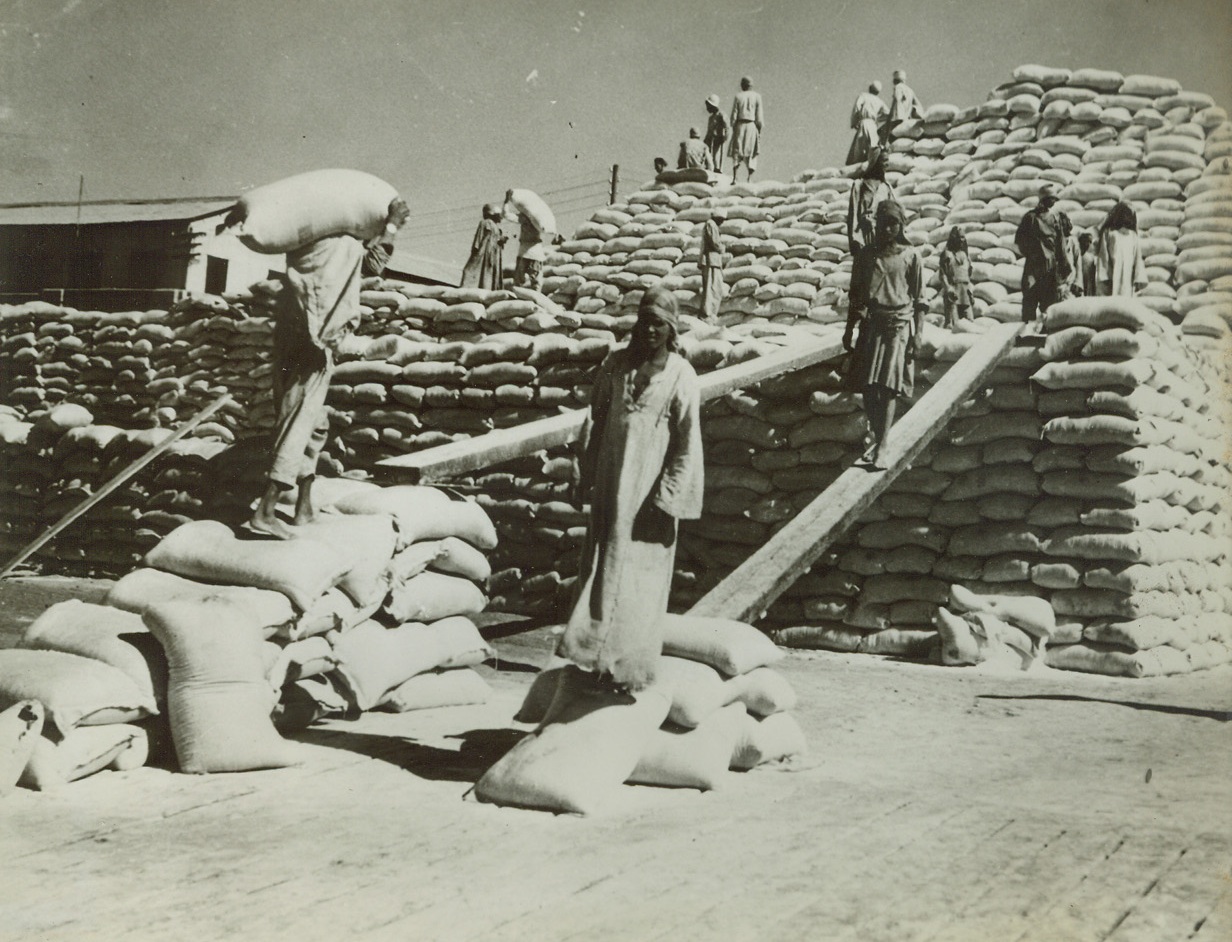 Flour “Mountain” from Australia, 1/19/1943. Natives, including many women, pile bags of flour mountain-high at a port “somewhere in the Middle East.” Flour, which came from Australia, will help to feed hungry United Nations fighters. (Passed by censors).Credit: ACME.;