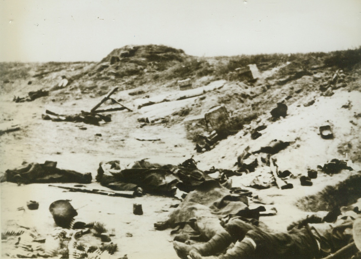 Dead Nazis in Stalingrad, 1/17/1943. Stalingrad, U.S.S.R.—Strewn on the battlefield southwest of Stalingrad, these dead Nazis once manned part of the enemy’s heavily fortified lines. They were left here by their comrades after the Red Army broke through their lines. Latest reports from the Russian front indicate that the Red Army has captured the important German base and railroad junction of Millerovo, 125 miles north of Rostov, almost annihilating a Nazi garrison. Passed by censor. Credit: ACME.;