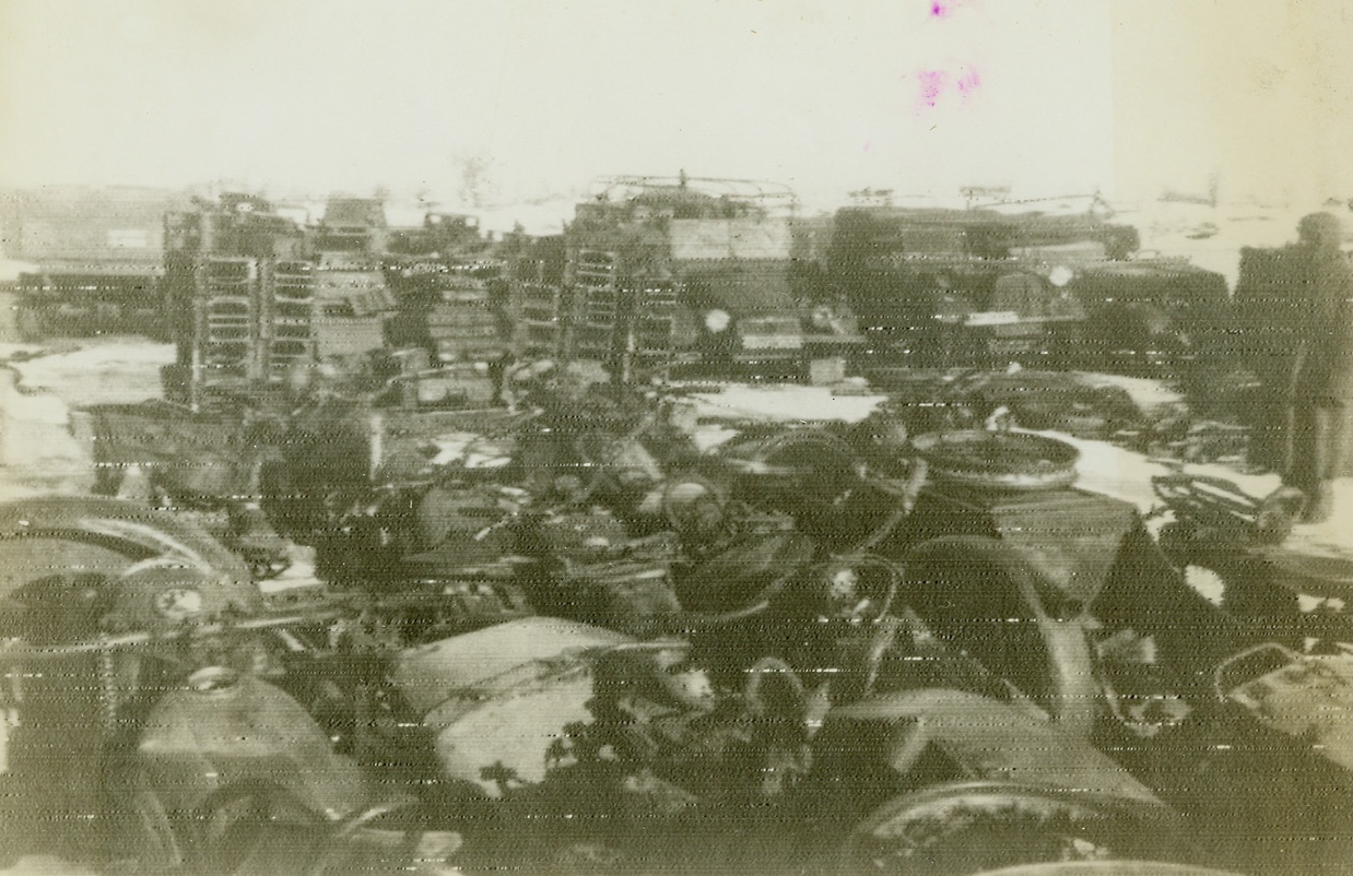 Soviet Advance Captures Nazi Equipment, 1/3/1943. Northwest of Stalingrad—Nazi equipment, littering the ground northwest of Stalingrad, is a symbol of Soviet victory. To the southwest of the city-battleground, the advancing Reds have captured several more German strongholds. On all Soviet fronts, the Nazis are the underdogs, futilily attempting to stop terrific Russian onslaughts. Credit: ACME radiophoto.;