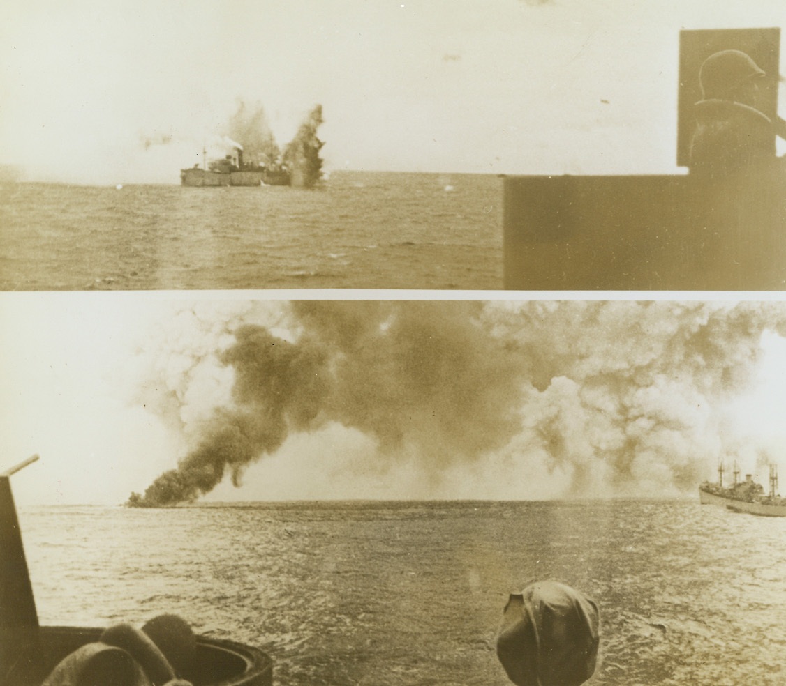 Casualties on Russian-Bound Convoy, 1/16/1943. Somewhere in the North Atlantic—Taken by a U.S. Naval officer from the deck of his ship, these photos show, top: a United States merchant ship at the moment it was struck by an enemy aerial torpedo; and bottom: smoke billowing from an Allied ship after an enemy plane, hit by anti-aircraft fire, crashed into it. The vessel at the right is truning to avoid the explosions from the victim ship. Credit: Official Navy photos from ACME.;