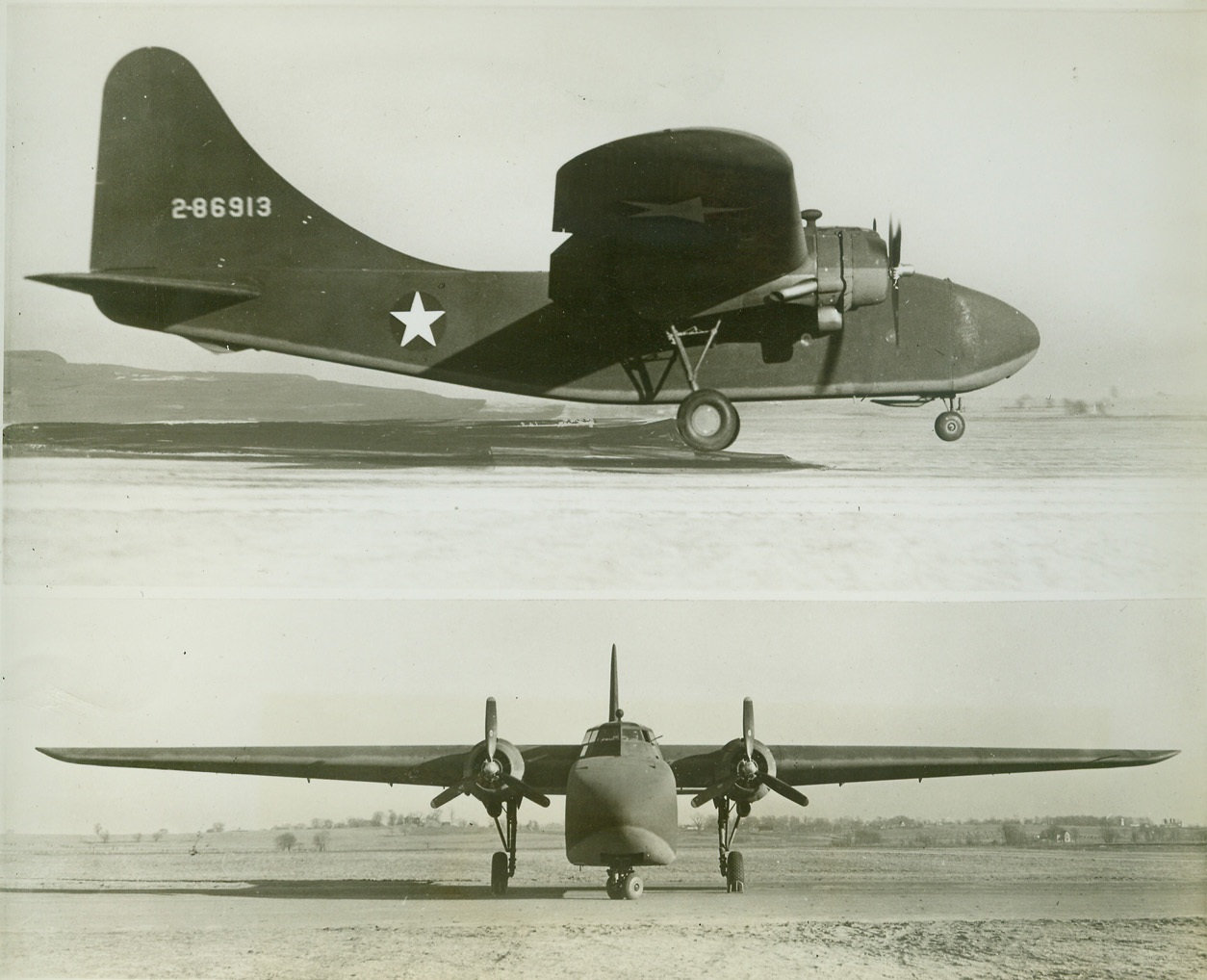 Wooden Army Air Freighter Passes Test, 1/6/1943. St. Louis—Two views of the Curtiss-Wright Caravan, America’s first military plane built specifically for carrying freight and made of plastic plywood, after a successful test flight at St. Louis. Credit: ACME;