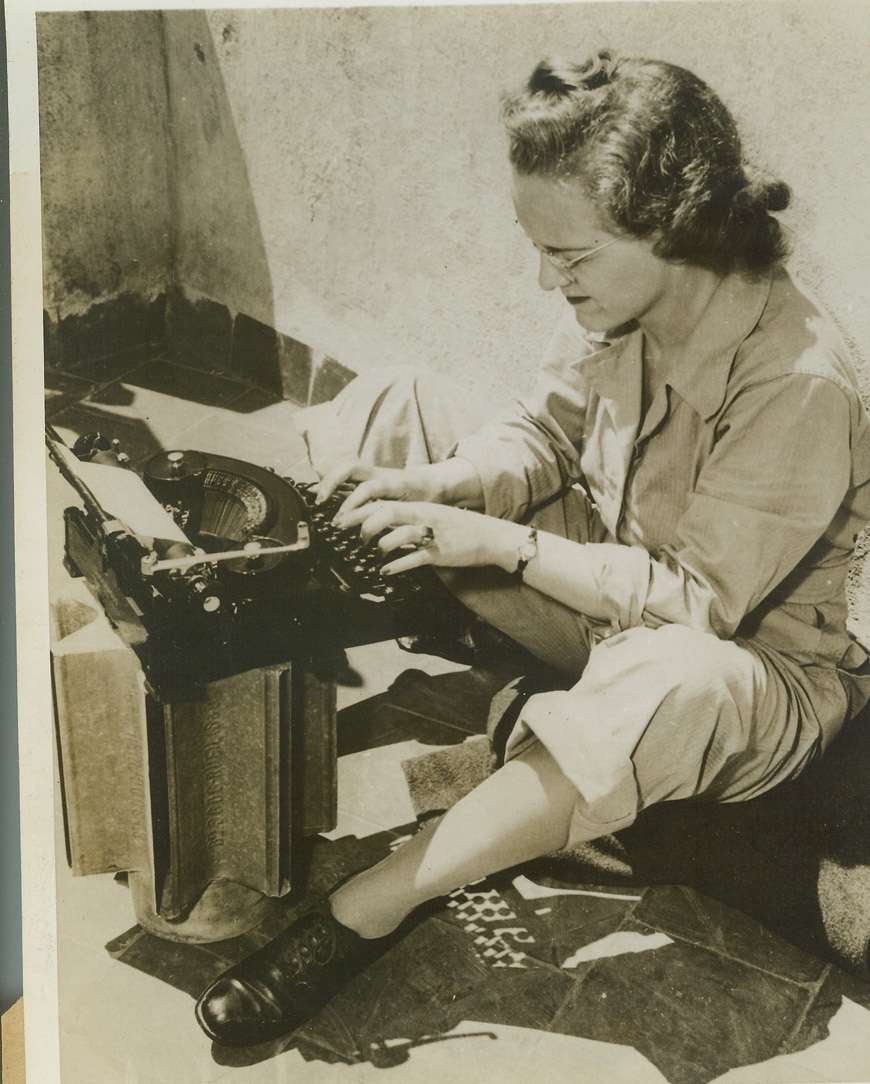 The Female Private Hargrove, 9/4/1943. North Africa – The WAC has its Private Hargrove too – and here she is – Private Pearlie Hargrove who hails from Pillager, Minn. Part of a WAC contingent sent to Allied Force Headquarters in North Africa, she’s a whiz at the typewriter, too. Using a rolled-up blanket for a chair, she bangs out a letter t the folks back home. Credit: (Official WAC Photo from ACME);