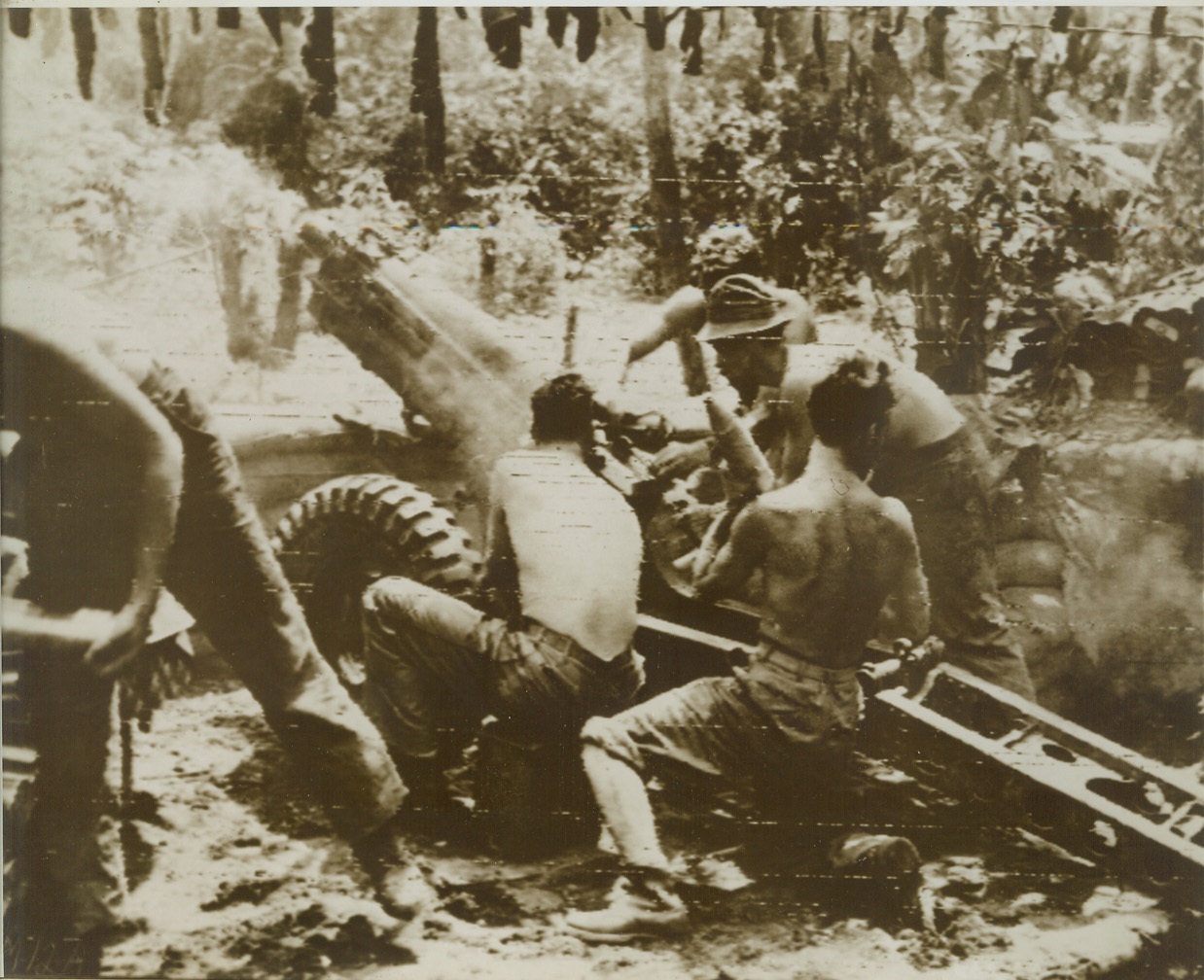 Closing in on Salamaua, 9/2/1943. New Guinea – Only a few hundred yards from the strong Jap base of Salamaua, New Guinea, a battery of the 41st Division rocks the enemy with their 75 mm. gun. The announcement of the fall of the air base, on of the last enemy strong points on the island, is expected hourly.  Credit (Signal Corps Radiotelephoto from ACME);