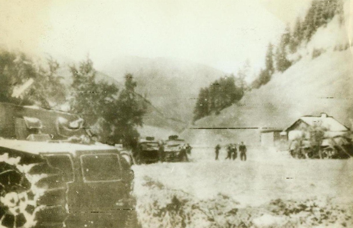 TIGER TANKS IN BRENNER PASS, 9/13/1943. German Tiger Tanks were rushed to positions in the Brenner Pass after the Nazis had wrested control from the Italians, according to the German sources. Photo was telephotoed from Berlin to Stockholm and radioed to New York today.  Credit (ACME Radiophoto);