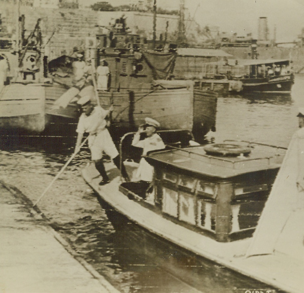 ITALIAN FLEET ARRIVES AT MALTA, 9/13/1943. This photo, flashed to the U.S. today by radiotelephoto, shows Admiral D’Zara of the Italian Fleet, landing from his barge at Valetta, Malta, after his arrival with the bulk of the Italian Fleet for formal surrender to the Allies. Just after this photo was taken, Admiral D’Zara conferred with Admiral Sir Andrew Browne Cunningham, Allied Commander-in-Chief, Mediterranean Naval Forces. Credit: U.S. Signal Corps radiotelephoto from Acme;