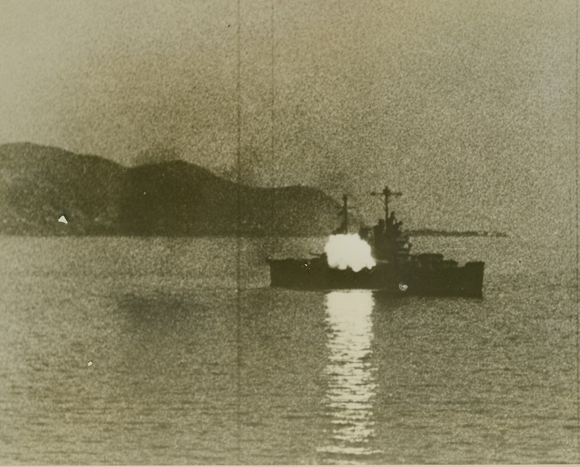 Blast Before Dawn, 9/30/1943. A United States Coast Guard combat photographer caught this photo of an American warship blasting away at Germans defending Salerno’s shores in the early morning hours of the invasion of the Italian mainland.Credit Line (U.S. Coast Guard Photo from ACME);