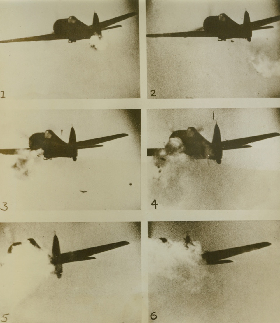 The end of a Foke –WULF 190, 10/14/1943. It’s minutes were numbered when this German Foke-Wulf 190 got inside the sights of a gunner aboard a Royal Air Force Fighter Command squadron’s Typhoon.  This series of photos shows the split-second disintegration of the enemy plane as it blew up under a stream of fire from the Typhoon.  In Photo #1 the gunner scores his first hit, on the plane tail.  In subsequent photos, parts of the enemy fighter begin to fall, until, in one photo the Fouke-Wulf190 blows up completely.Credit:  ACME;