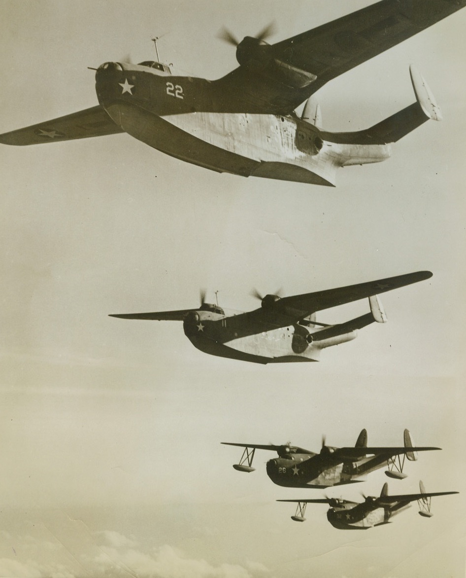 Warbirds of the Sea, 10/27/1943. Heavily armed and long in range, Martin Mariners serve the Navy well as patrol planes able to cover vast distances, and hit hard when the enemy is in sight, their sweeping lines provide a distinctive grace in flight. Credit: (Official US Navy Photo from ACME);