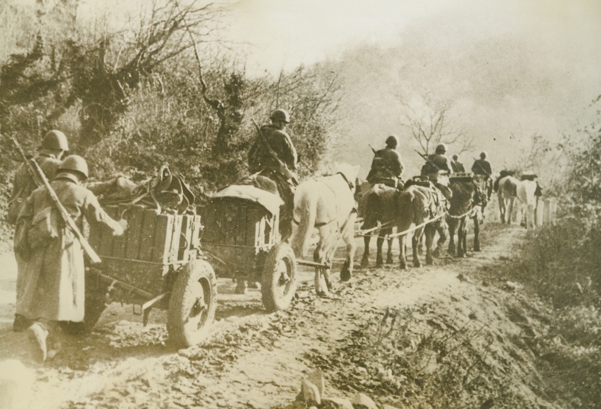 Russians Advance, 10/14/1943. NORTHERN CAUCASUS—Red Army soldiers and their horse-drawn artillery push ahead to the front in the northern Caucasus. Through the extensive use of horses, the Red Army is able to make use of roads that cannot be navigated by heavy, mechanized vehicles.Credit: ACME;