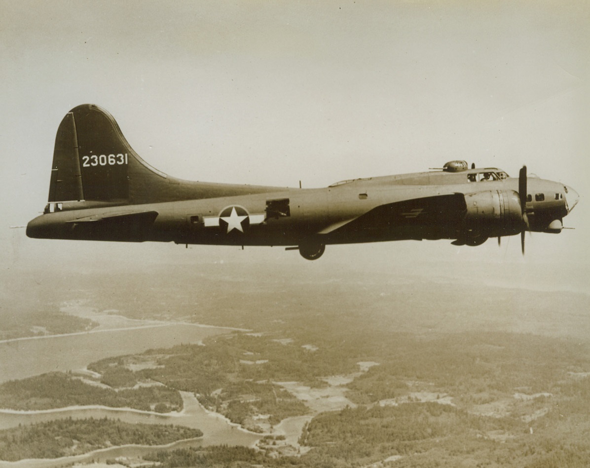 Eighth Generation, 10/6/1943. Here is the eighth member of the B-17 family, the B-17-G Flying Fortress, ready for combat with the enemy. The new plane boasts a “chin turret”, which is armed with two .50 caliber machine guns. Operated by remote control from the bombardier’s “green house”, the new turret is the answer to the Nazis’ favorite tactic, the frontal attack. Credit: ACME;