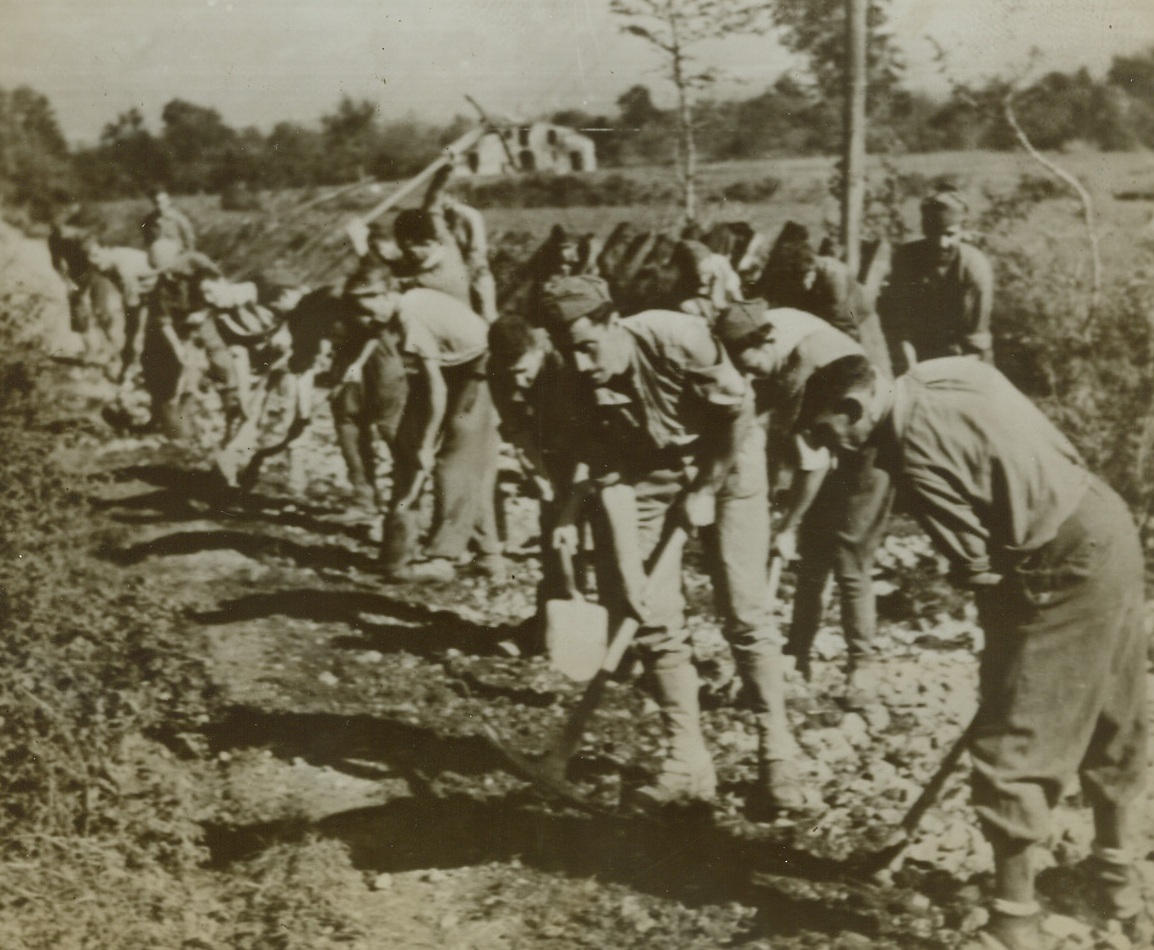 Italians Pave the Way to Rome, 11/5/1943. ITALY—Italian soldiers willingly weld picks and shovels for the Allies as they construct a road near the front of Italy. They are helping pave the way to Rome, now only 80 miles away from advancing Americans. }Credit: ACME PHOTO by Bert Brandt for the War Picture Pool via ARMY RADIOTELEPHOTO.;