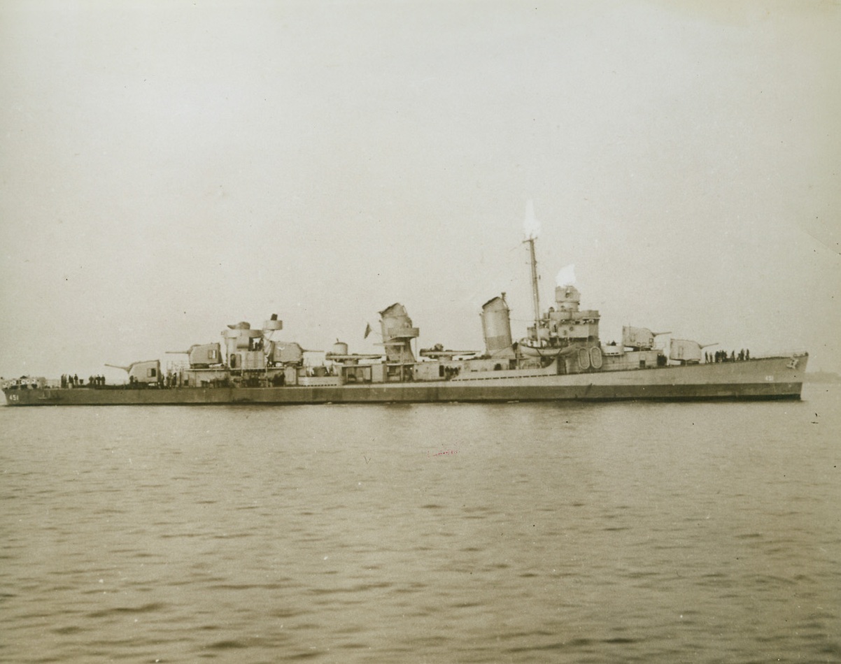Sunk in South Pacific Action, 11/10/1943. The United States Destroyer “Chevalier” which was lost in a South Pacific action during a night engagement on October 6th, 1943. The Chevalier was severely damaged by the enemy and collided with another Destroyer in the formation. She subsequently broke in two and sank. Credit: U.S. Navy Official Photo from ACME;