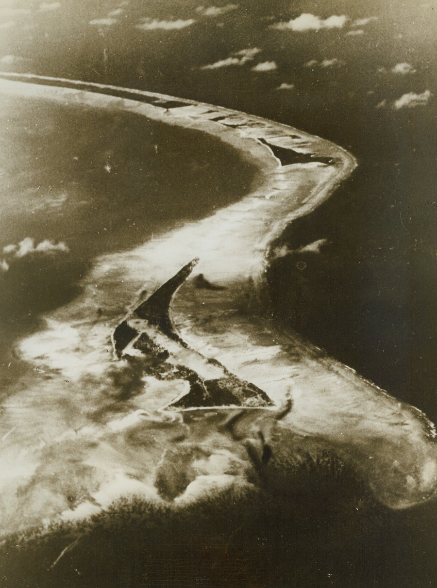 New Central Pacific Objective, 11/23/1943. Central Pacific – Marines and Army soldiers are putting up a terrific battle for this tiny speck of an island in the Central Pacific, named Tarawa.  One of the Gilbert group, Tarawa is 25 miles South of Makin, where another bloody battle is in progress.Credit (U.S. Navy of official photo from ACME);