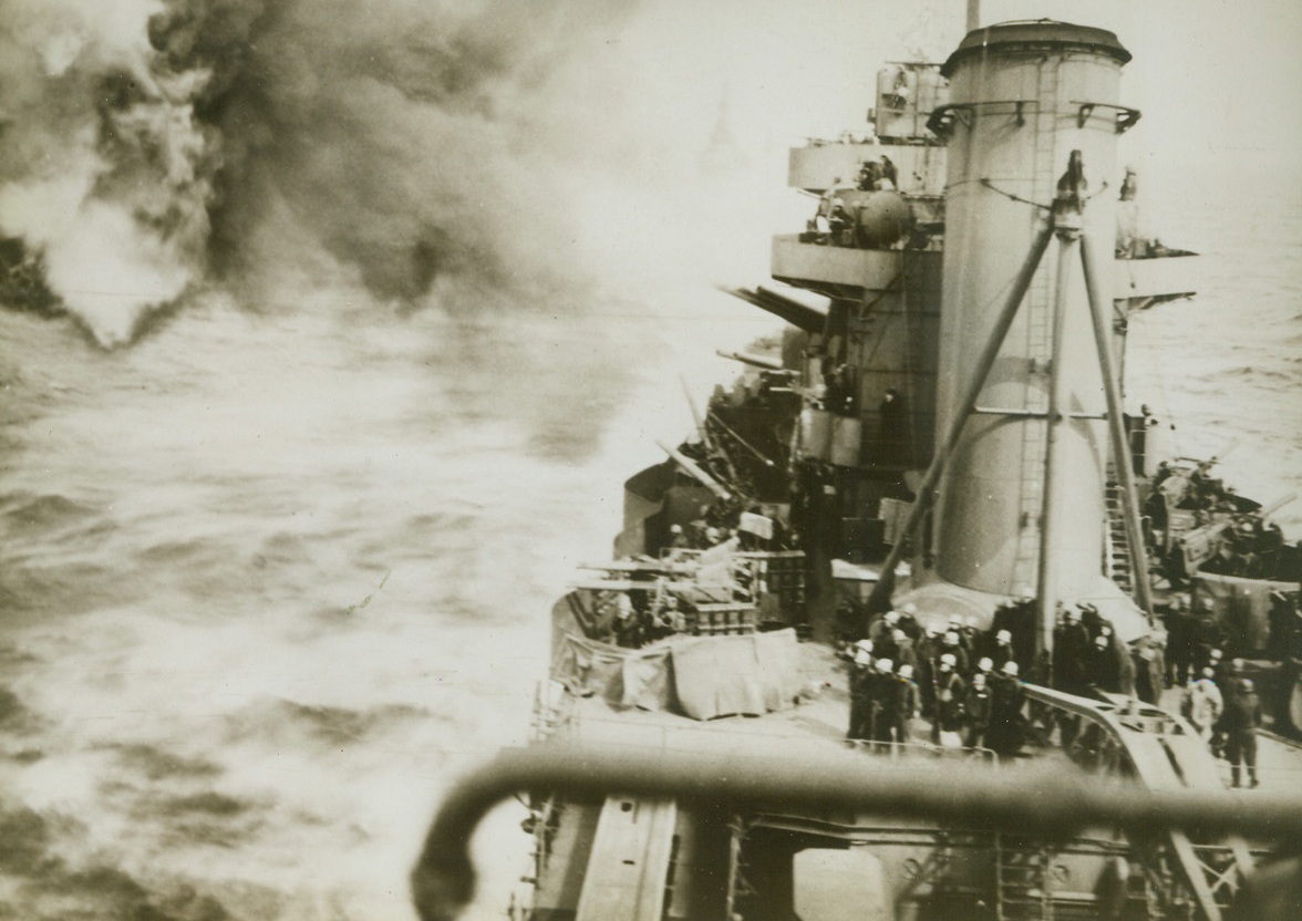 Voice of Authority,  11/16/1943. On the Pacific – The mighty guns of a U.S. cruiser roar with a tremendous voice of power and destruction as they blast enemy installations ashore, “somewhere in the Pacific”, as a prelude to landing operations.Credit Line (U.S. Navy photo from ACME);