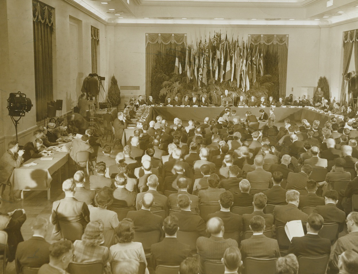 Unanimously Elected, 11/12/1943. ATLANTIC CITY, N.J. - The United Nations Relief and Rehabilitation Conference unanimously elected former Governor Herbert H. Lehman of New York as Director General of the Conference. Here is a general view at the Hotel Claridge in Atlantic City as Lehman spoke to delegates. In a speech today he promised people of Axis-occupied countries a diet of 2,000 calories a day as soon as Allied armies took over.;