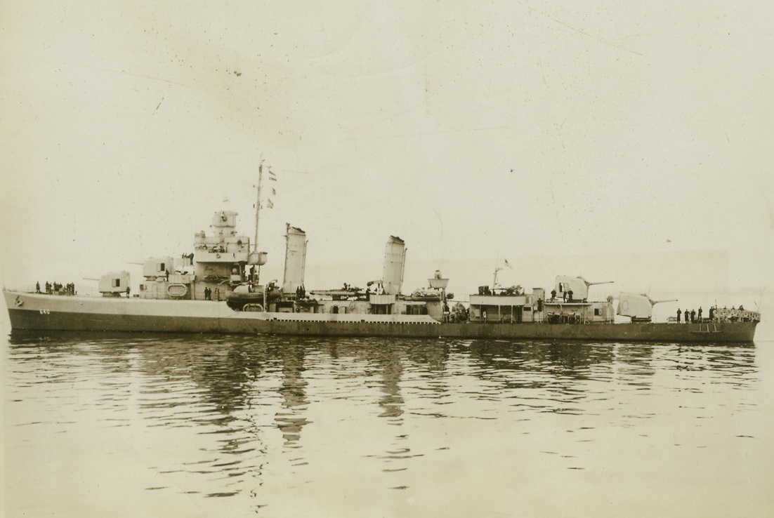 SUNK IN MEDITERRANEAN, 11/13/1943. WASHINGTON, D.C.—As a result of enemy aircraft action, the American Destroyer, U.S.S. Beatty (shown above) was sunk in the Mediterranean on November 6th. The vessel was commanded by Lt. Comdr. William Outerson, who was reported among the survivors. Credit Line (Official U.S. Navy Photo from ACME);