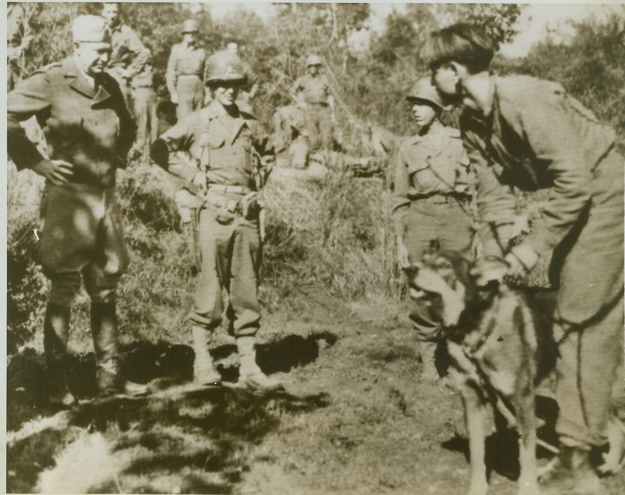 IKE MEETS CHIPS, 11/16/1943. ITALY - Gen. Dwight D. Eisenhower, (far left), Allied Commander in the North African Theatre, is introduced to Pfc. Chips, an American dog of war, who received his stripe as Private First Class for silencing a German machine gun nest by jumping upon the Nazi who operated it. Standing over the dog at this spot on the Italian Front, is the animal’s master, Pvt. Morris Owens. Credit: U.S. Army photo via OWI Radiophoto from ACME;