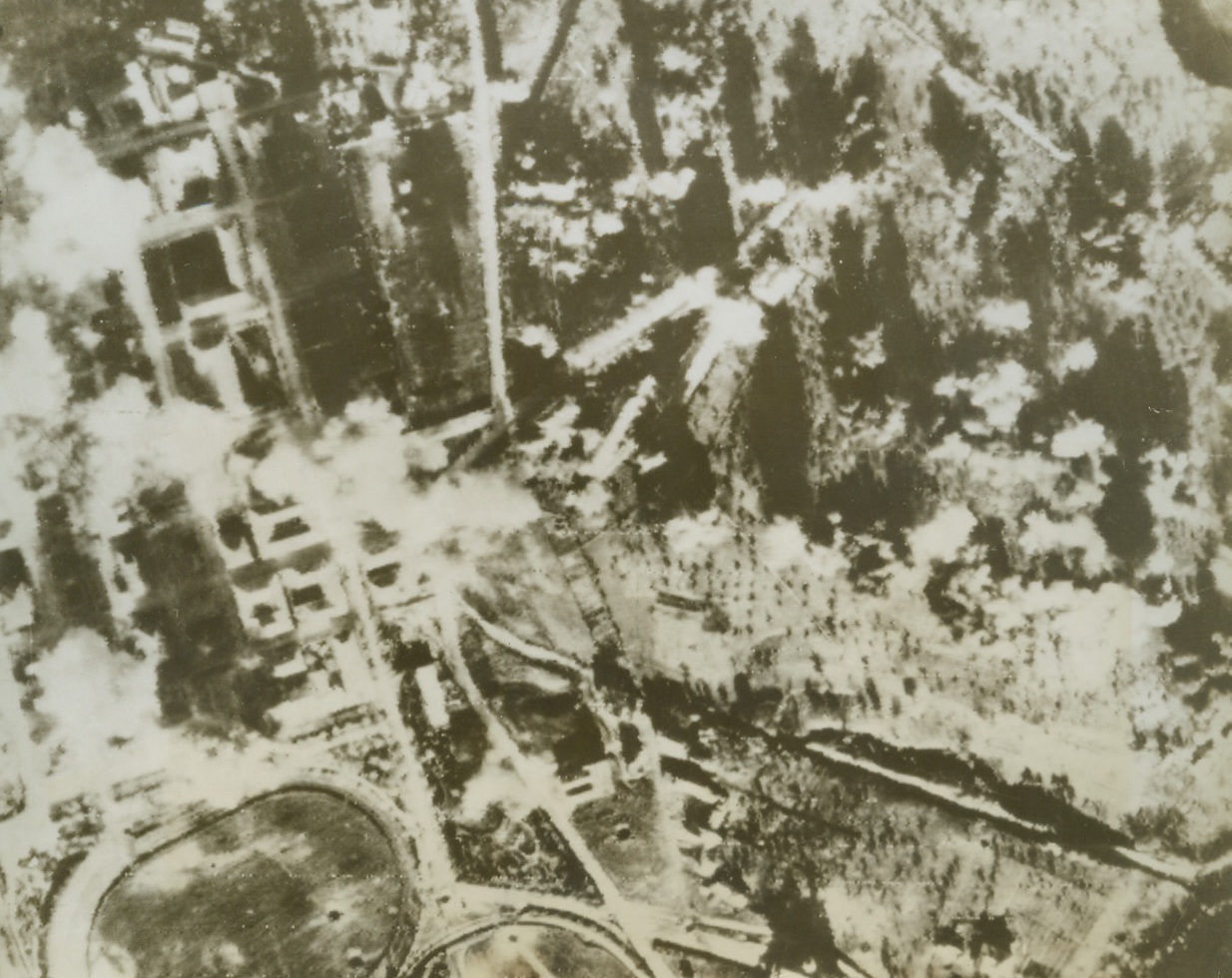 “Excellent Bombing”, 12/3/1943. LANCIANO, ITALY – Allied bombardiers won another round of praise after their recent bombing of roads and enemy-defended positions on the Sangro River front. The marksmanship behind the bomb bursts shown here, at Lanciano, won a report of “excellent bombing” from the Eighth Army. Photo radioed to New York from Algiers. Credit Line (ACME Radiophoto);