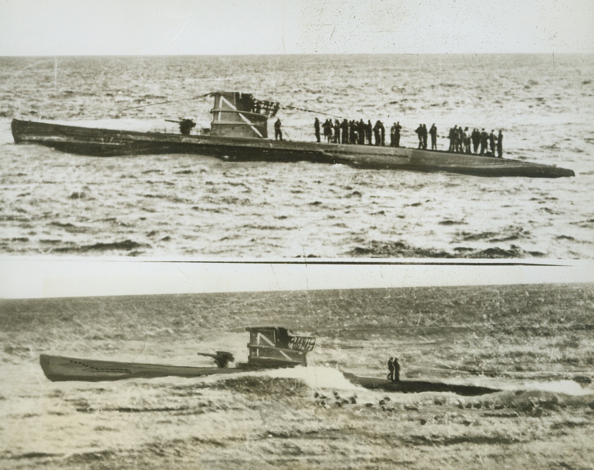 Corvette Versus Sub, 12/5/1943. IN THE ATLANTIC – When a British corvette tangles with a Nazi sub, it usually means plenty of customers for Davey Jones – and, more often than not, the boys in the “locker” are wearing Nazi uniforms. This sub, meeting the corvette HMS Starwort in the Atlantic, was brought to the top by depth charges. In upper photo, the crew lines the deck of the undersea fighter. In lower photo, Nazi sailors dive from the sinking sub to be picked up by the enemy vessel. Credit Line – WP—(ACME);
