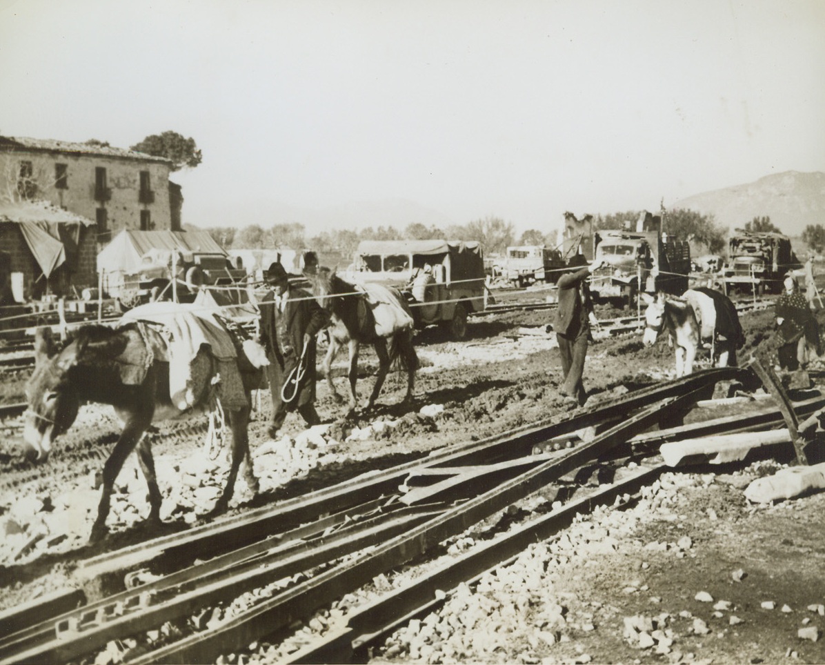 RAILROAD BED BECOMES HIGHWAY, 12/19/1943. SOMEWHERE IN ITALY—Their few possessions strapped to the backs of mules, Italian civilians lead the beasts along a railroad bed that now serves as a highway. Wrecked by the Germans, the rocky road bed was converted to a highway by the Allies as they made their way north, in pursuit of the Germans.Credit: Acme;