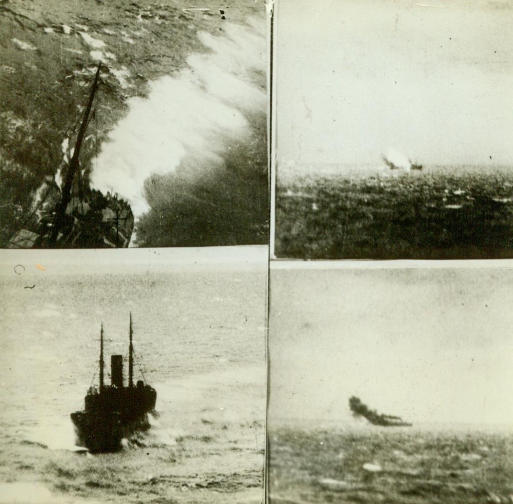 RAF BOMBER SINKS ENEMY SUPPLY SHIP, 1/1/1942. IONIAN SEA. – These four pictures tell the story as a medium bomber of the RAF Mediterranean Command sighted and attacked a 4,000-ton enemy merchant vessel in the Ionian Sea. At top, left, the bomber, directly overhead, has loosed delayed action bombs; at bottom, left, the bomber draws away. At top, right, bombs burst on the target; and at bottom, right, heavy smoke pours from the blazing vessel. When last seen the ship was down by the stern and listing heavily to port and the crew was clambering over the sides Credit Line (ACME);
