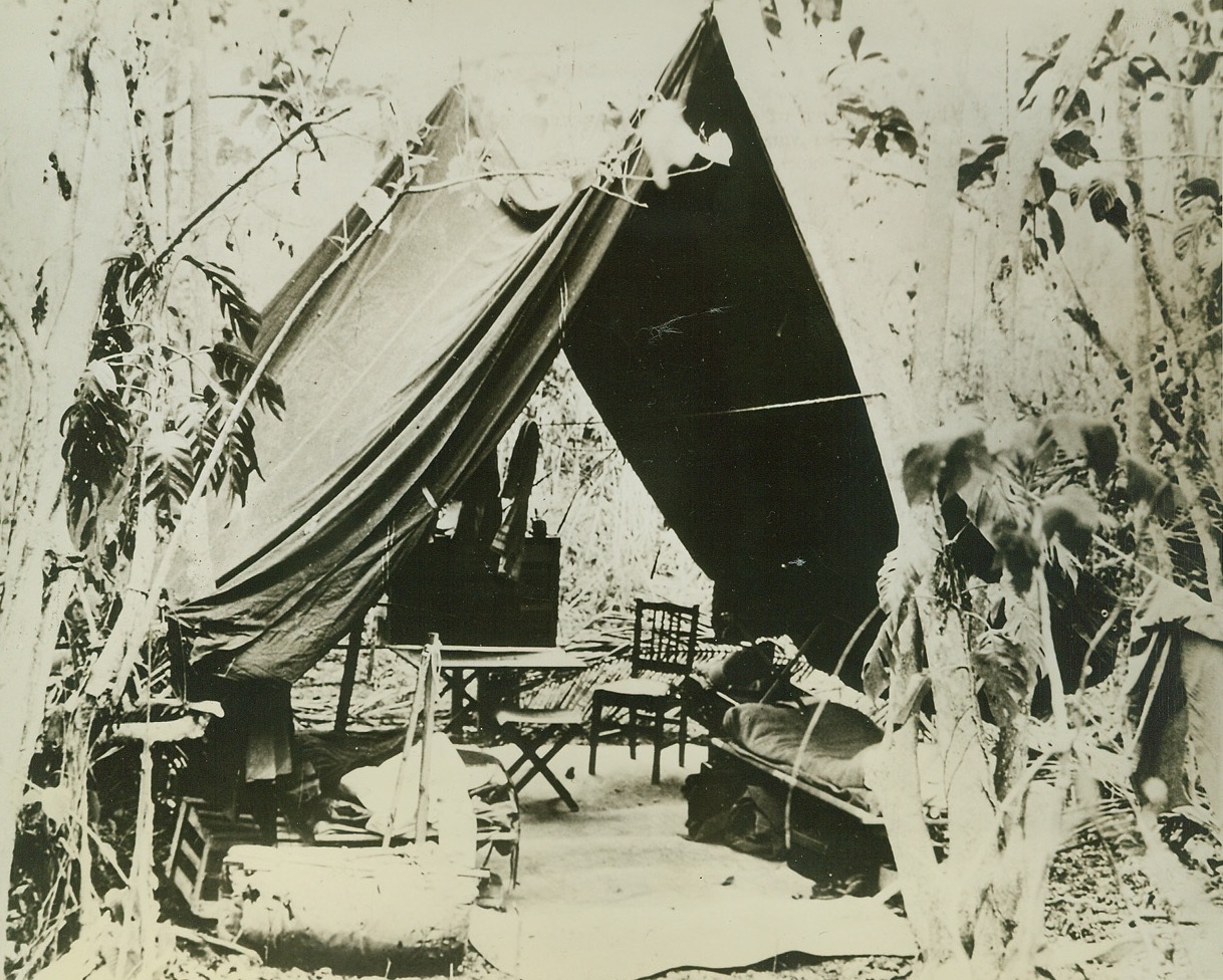 Home of General Vandegrift, 10/30/1942. GUADALCANAL -- Stripped of all but bare necessities, this tent is the Guadalcanal home of Maj. Gen. A.A. Vandegrift, Commander of all U.S. Marine forces in the Solomons, where the Jap Navy has decided to call it quits for the present. Credit: (ACME) (Marine Corps Photo from ACME);