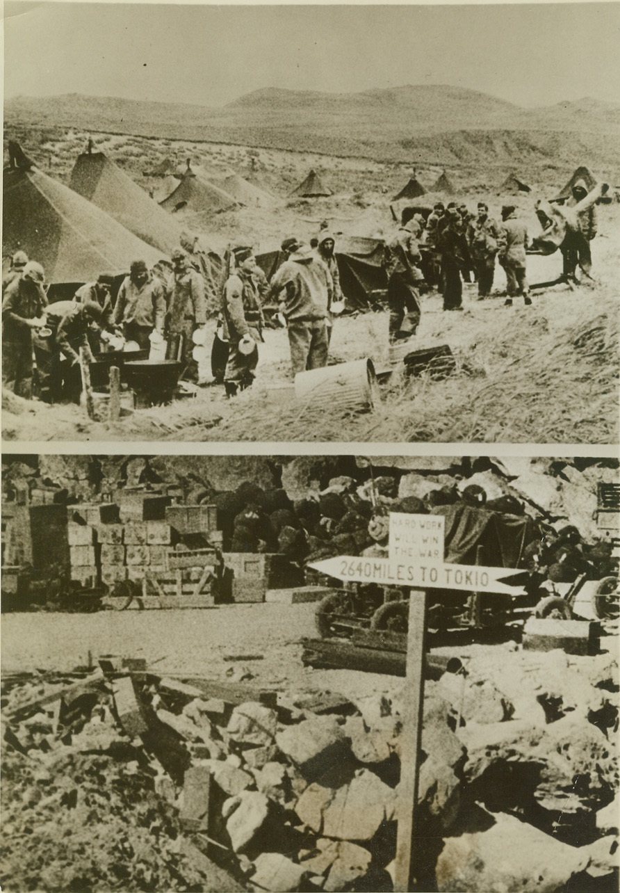 EATING AND PLANNING, 10/6/1942. Troops of the U. S. occupation force that took over an island of the Andreanof group in the Aleutian chain clean their mess kits (top). After a hard-earned meal a signpost shows what’s on the mind of these fighting men (below). From this base Americans can keep the Japanese-occupied Aleutian island of Kiska under almost continuous attack from the air. Credit: U. S. Signal Corps newsreel from ACME;