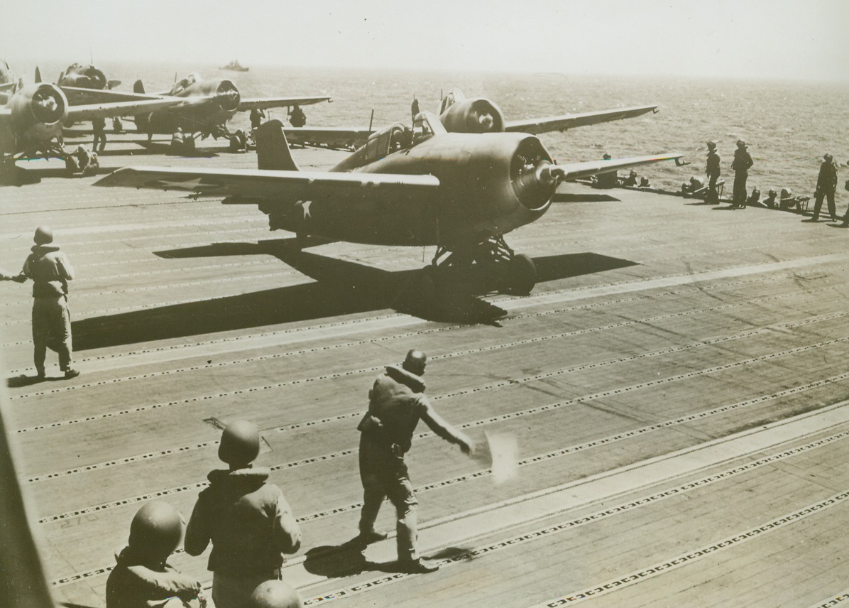 Pacific Jap Hunters, 10/23/1942. Somewhere in the Pacific – It’s a tense moment as planes prepare to take off from their carrier base in the Pacific.  In a few seconds they will leave their ocean-bound landing field to hunt out and attack the Japanese.  Credit (ACME U.S. Navy official photo);