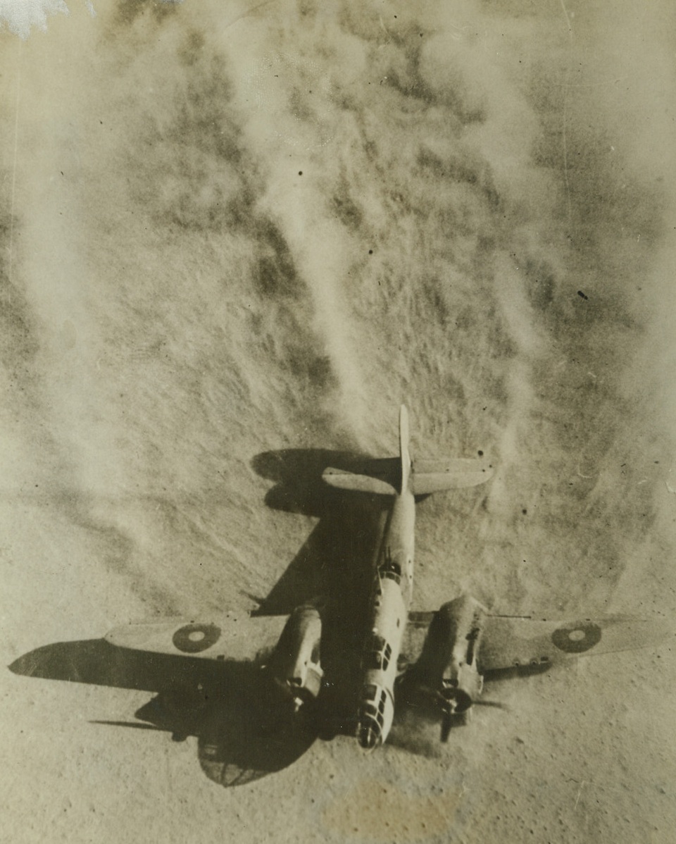 U.S. Desert Bird Takes Off, 10/19/1942. North Africa—Leaving a trail like a graceful ostrich feather, this martin medium bomber takes off in the dust of the Western Desert, to make a raid on Rommel’s supply lines. For the past weeks light and medium bombers of the Allied air forces have been hitting Axis positions hard. Passed by censor Credit: ACME.;